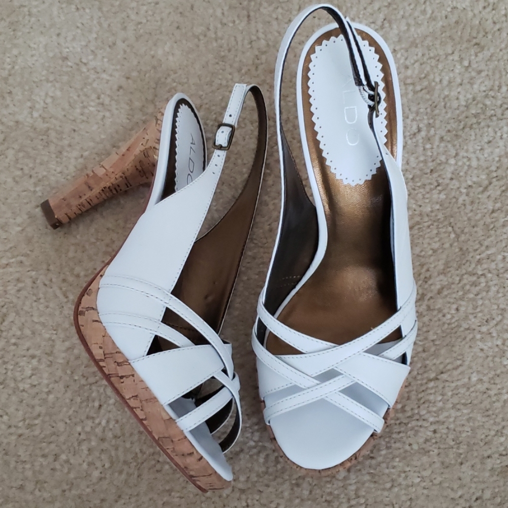 New! Aldo 'Darlena' White Leather Cork Heel Sandal